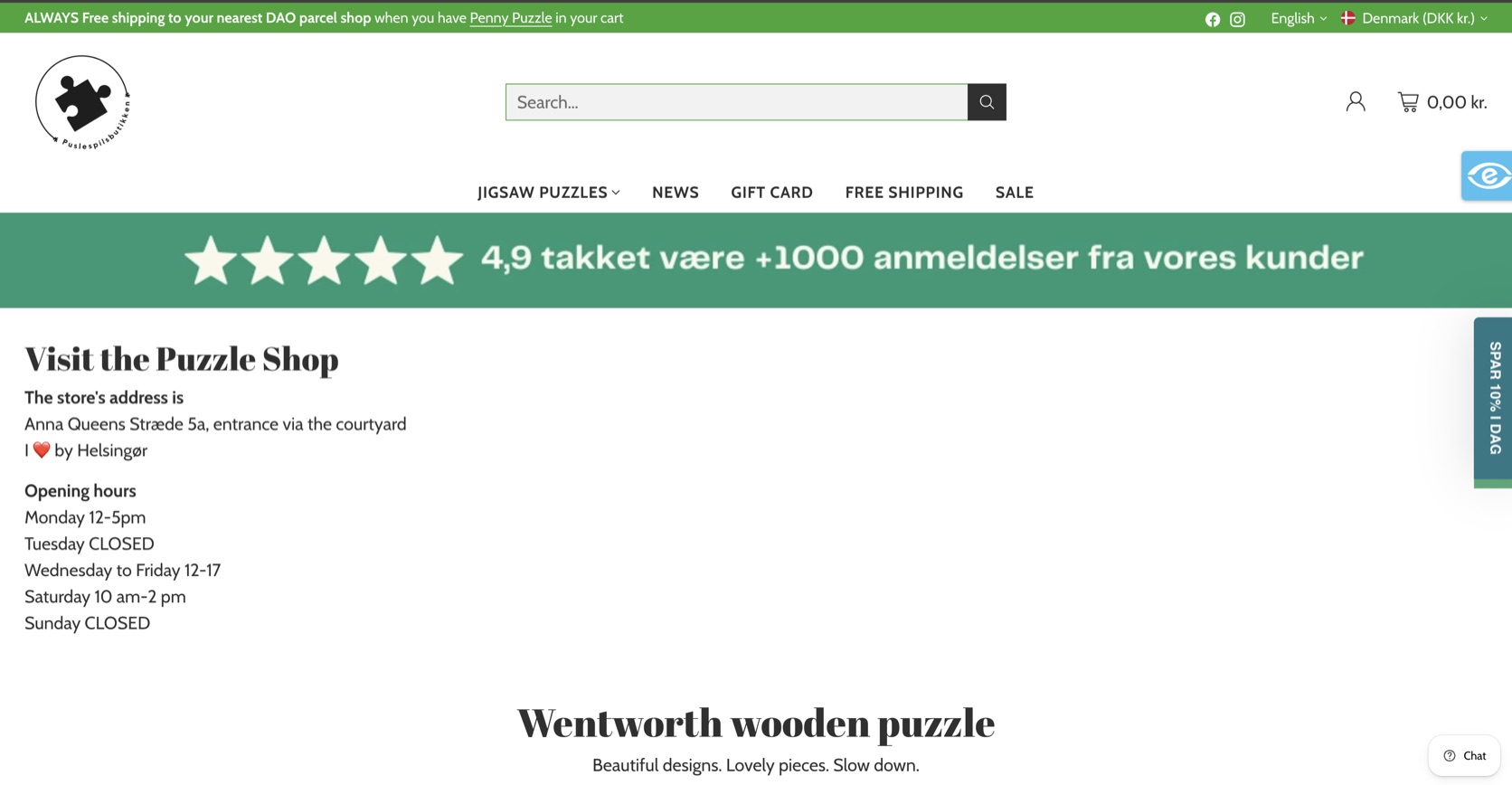 The BoxQuiz storefront homepage — a Danish online puzzle shop trading under the Puslespilsbutikken brand mark