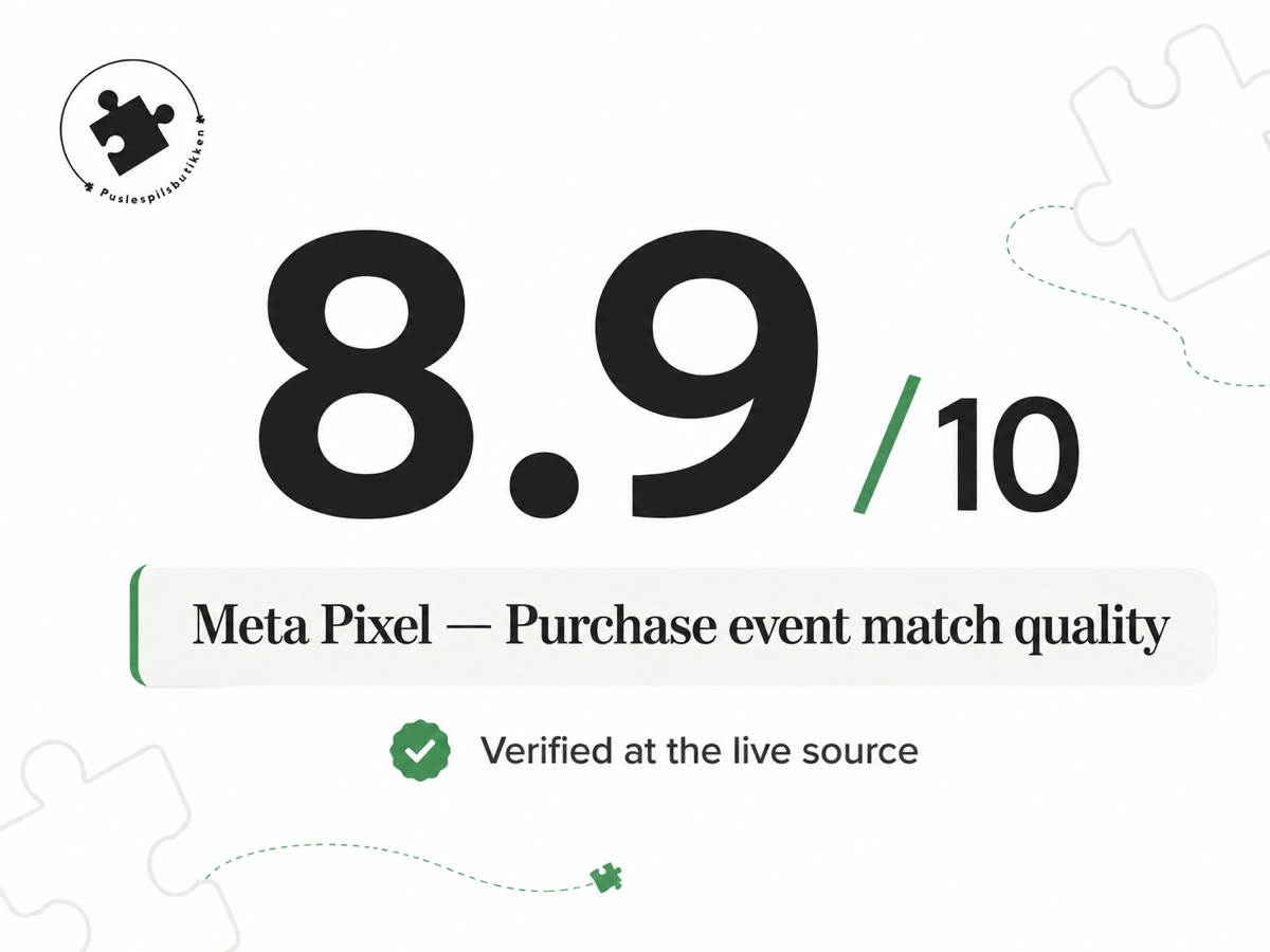 Metric card: Meta Pixel Purchase event match quality of 8.9 out of 10, verified at the live source