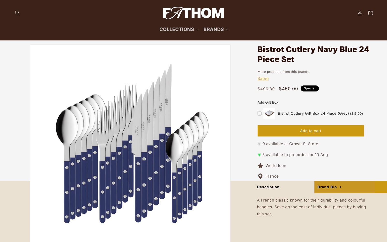 Fathom bundle product page showing per-location stock and a pre-order arrival date
