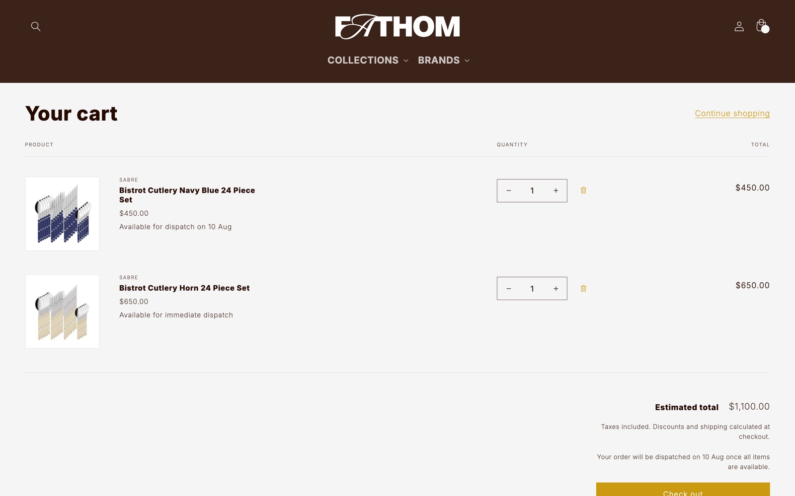 Fathom cart page showing accurate bundle stock and arrival messaging