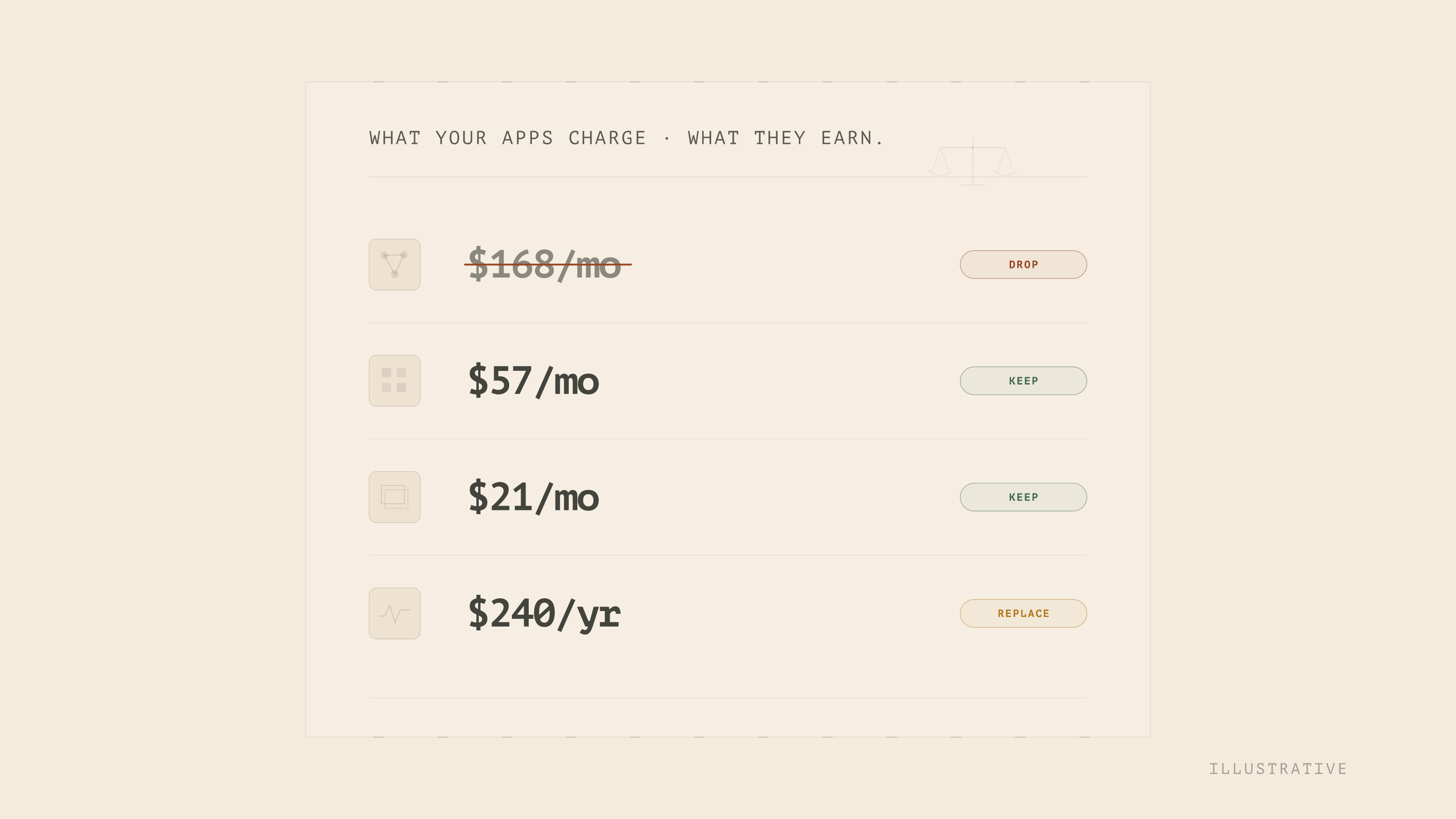 A monthly app-bill receipt with a keep, replace, and drop verdict marked against each line